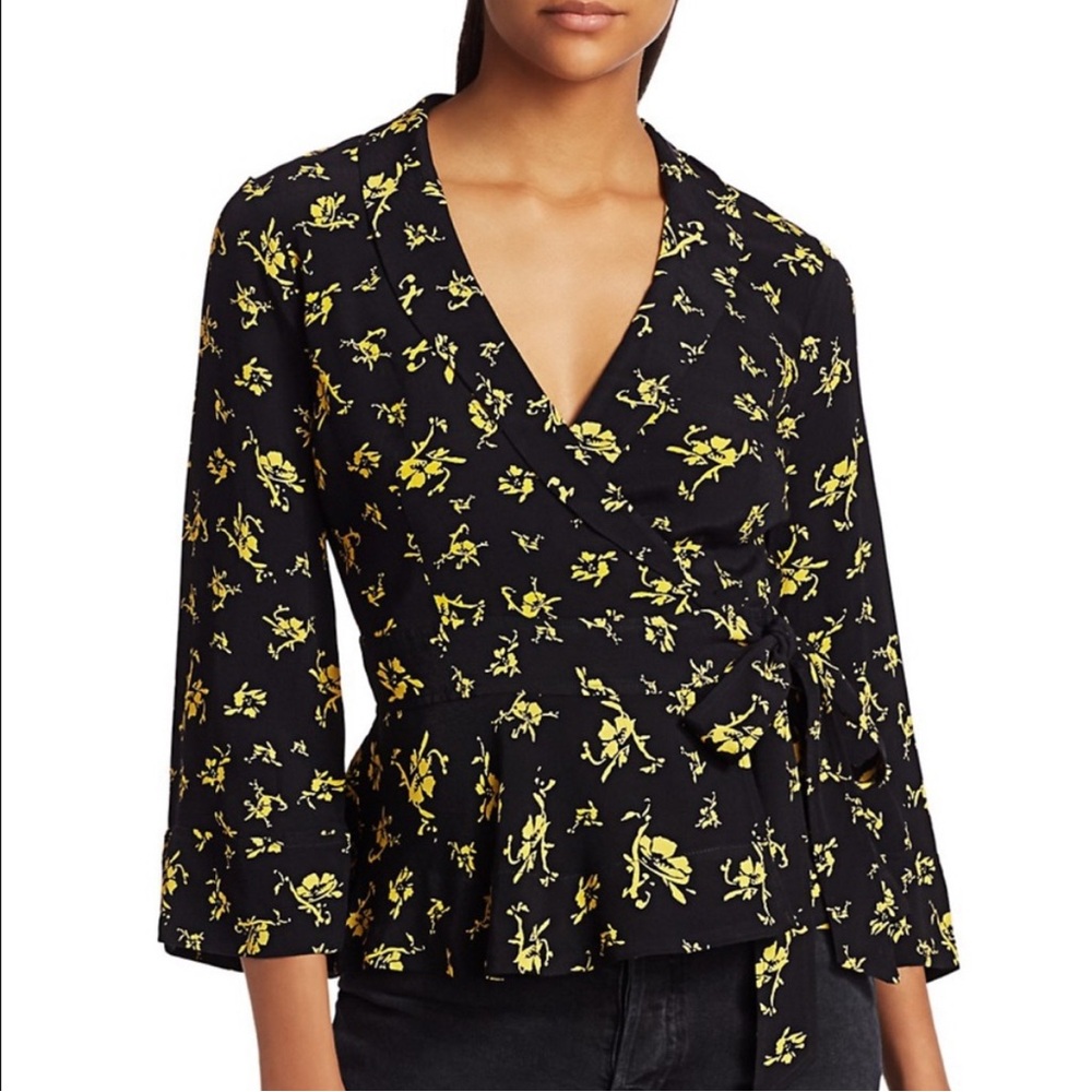 Ganni Floral Black and Yellow Wrap Top | Sz 36/Small/4